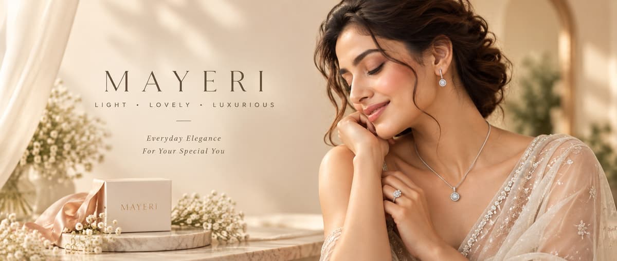 MAYERI — Light, Lovely, Luxurious. Everyday elegance for your special you. Woman in a sheer embroidered drape wearing a MAYERI halo pendant, earrings and ring beside a MAYERI gift box